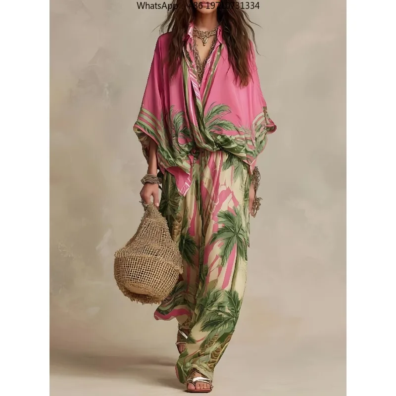 Women Printed Tops and Long Pants 2 Piece Set Summer Beach Vacation Outfit Casual Loose Wide Leg Suit