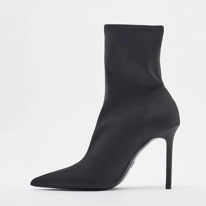 

Брендовые модные тонкие черные носки из эластичной ткани Liyke, пикантные ботинки с острым носком на шпильке 7 см, танцевальная обувь, женские ботильоны