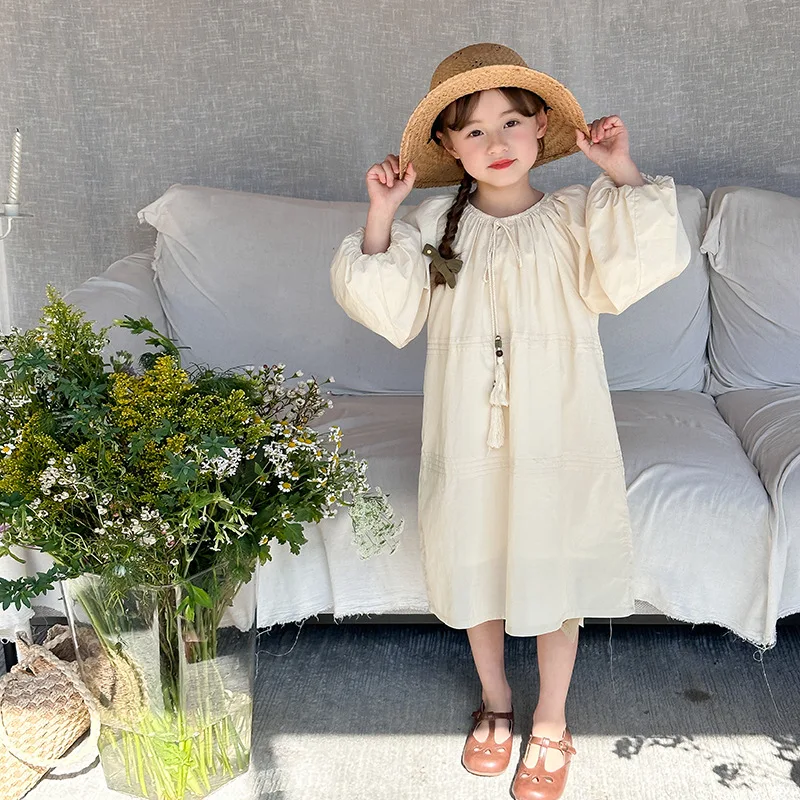 Girls Dress Spring and Autumn Korean Version Long Sleeved Round Neck Apricot Fashionable and Casual Daily Temperament Wear