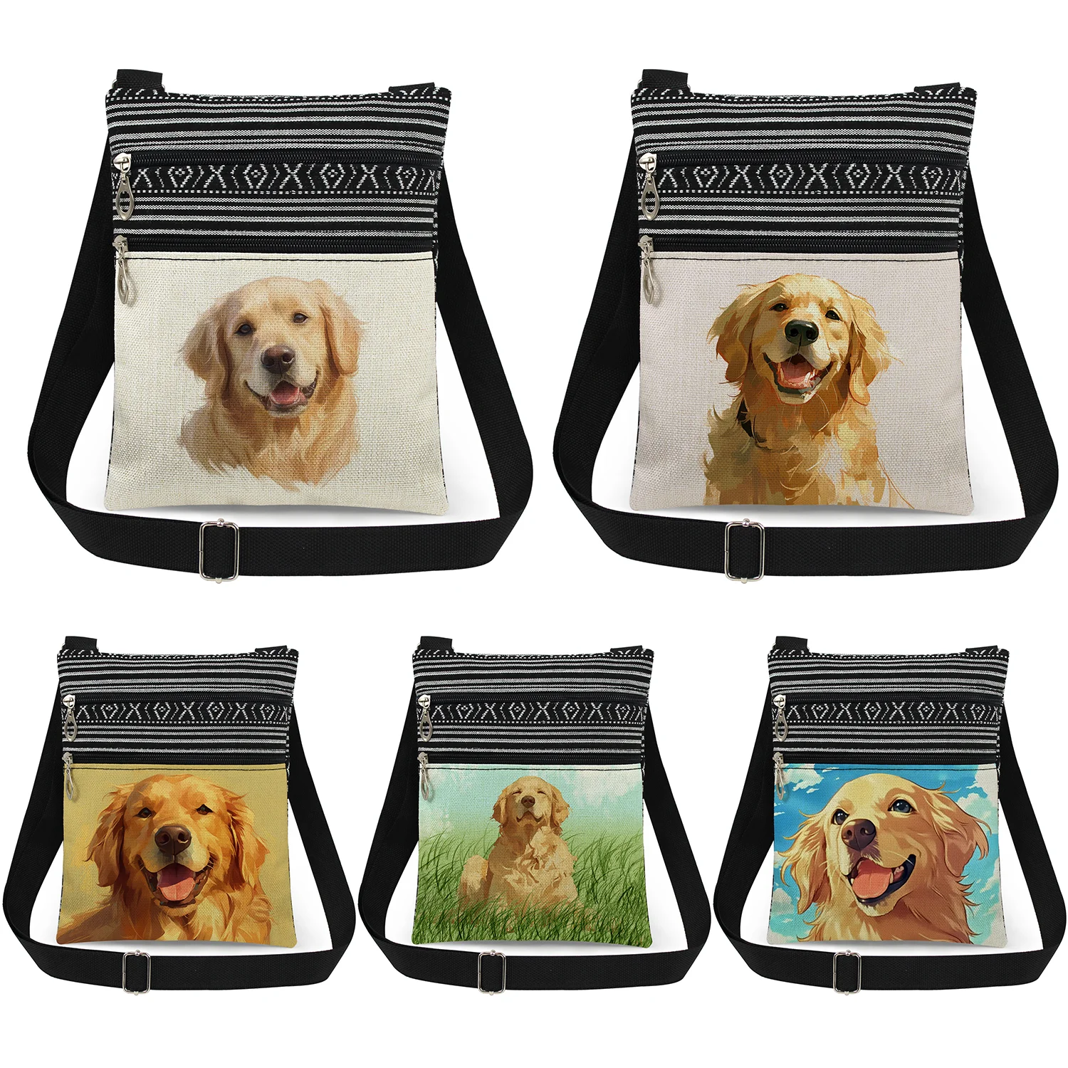 

Golden Retriever Printed Crossbody Bag Cute Dog Design Shoulder Bags Chinese Daily Portable Double Zipper Women Messenger Bags