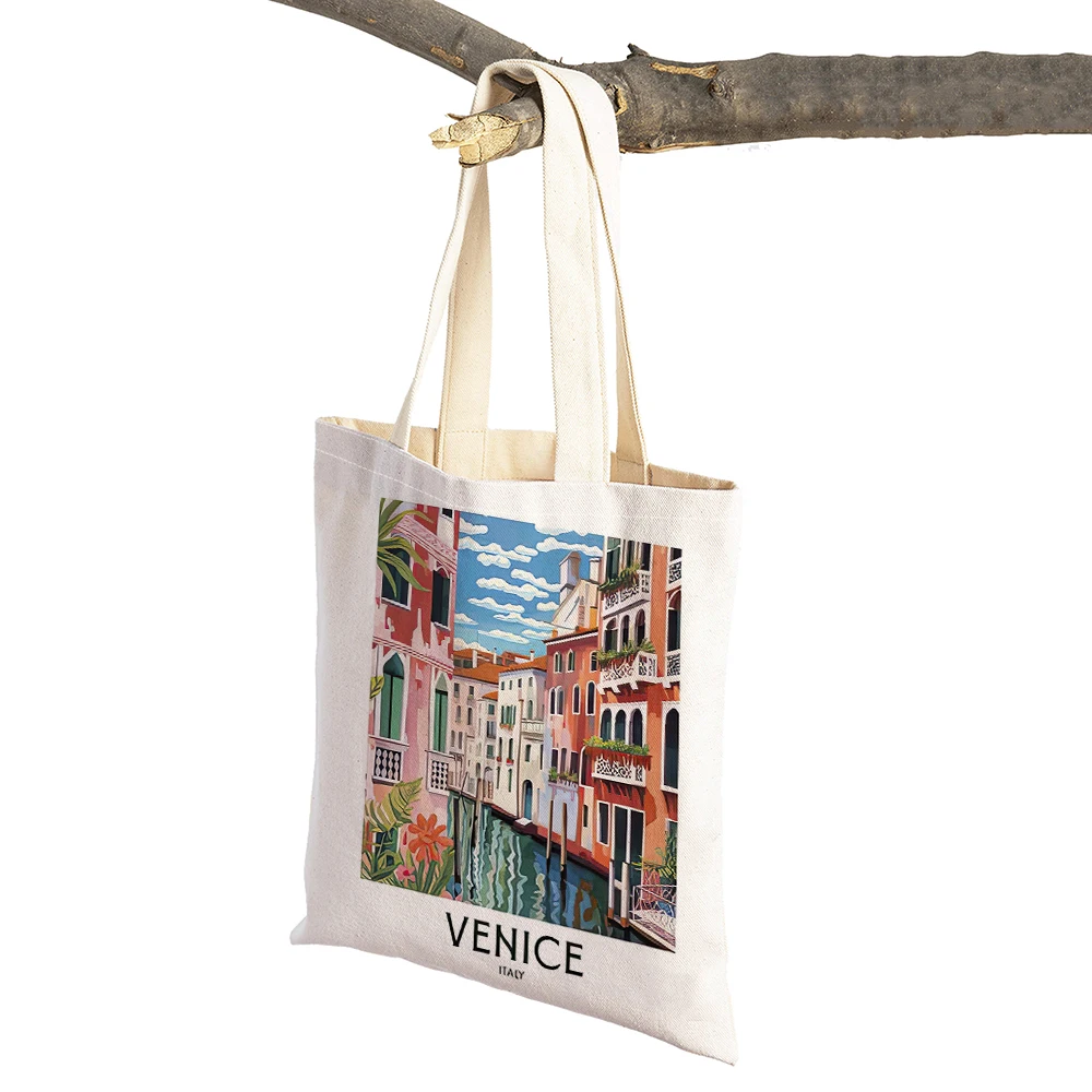 Vintage Landscape Shopper Bag Venice Paris Lisbon Stockholm Women Shopping Bags Double Print Linen Handbags Shoulder Lady Tote