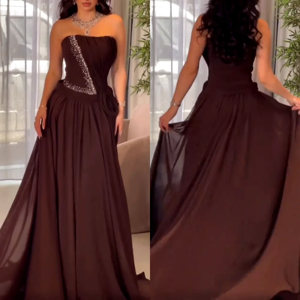 

Customized Chiffon Sequined Pleat Strapless A-line Floor-length Bespoke Occasion Prom Party Dresses Women's Evening Sexy