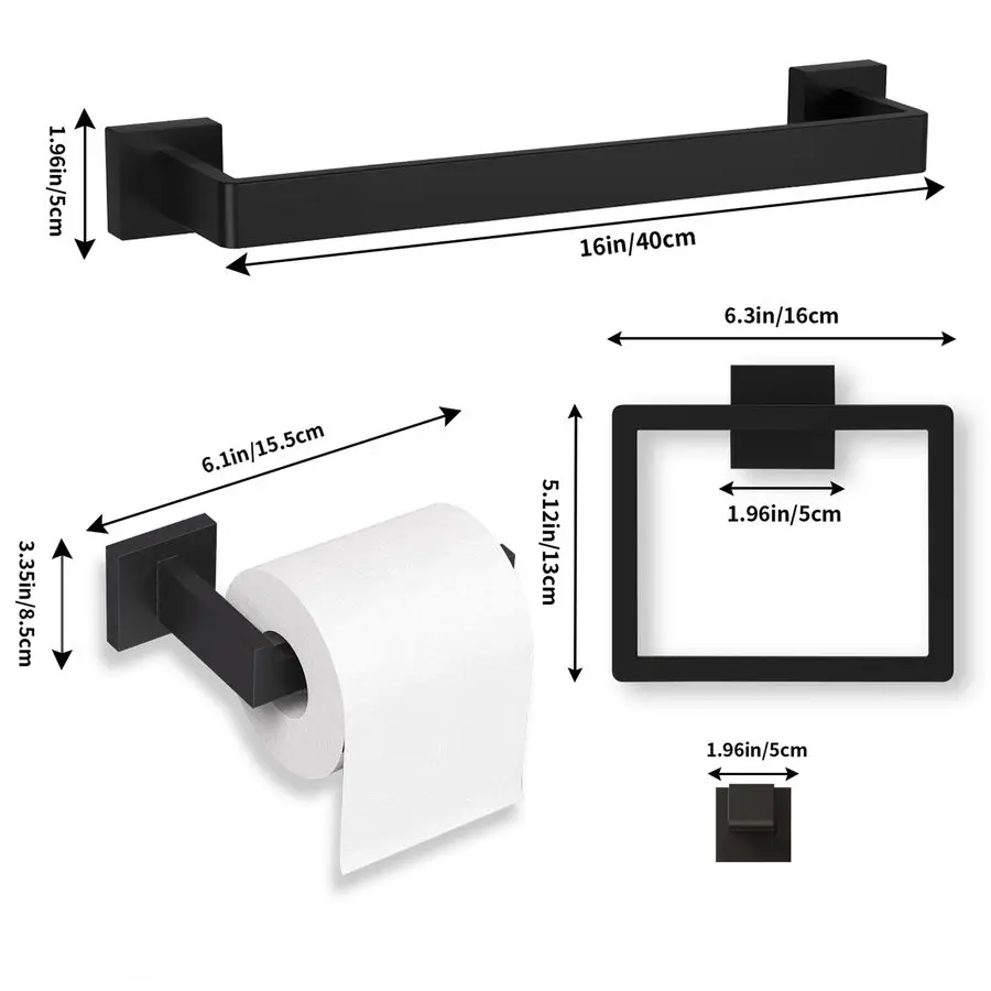 Matte Black Bathroom Accessories Set, 16 Inch Bath Towel Bar Set, SUS 304 Stainless Steel Bathroom Hardware Set, Towel Racks for