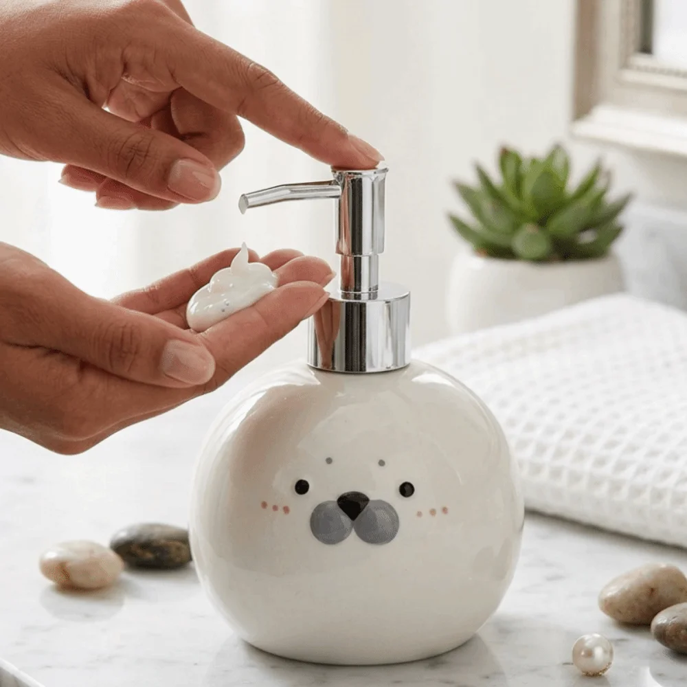Cute Ceramic Hand Sanitizer Bottle 350ML Pump Style Shower Gel Dispenser Refillable Empty Round Shampoo Bottle Shower Gel