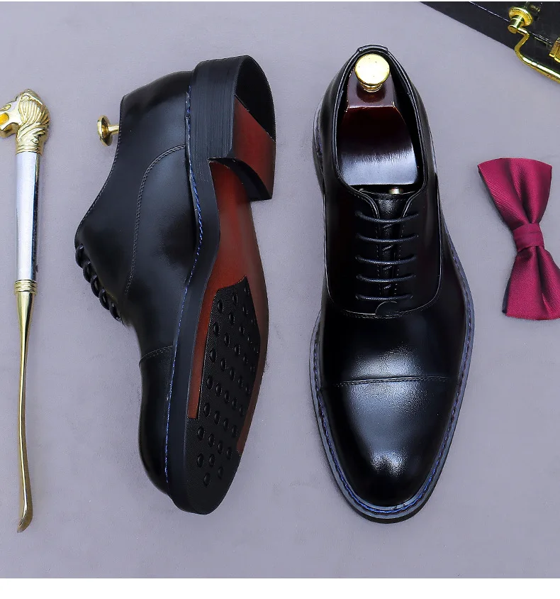 Cognac Cap-Toe Oxfords Genuine Leather Lace-Up Shoes Blue Contrast Stitching Formal Footwear for Business Meeting Daily Wear New