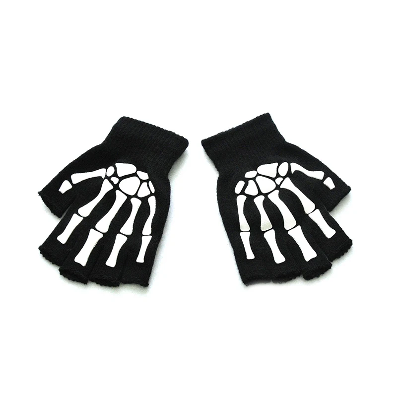 1 Pair Gothic Skeleton Reflective Gloves Horror Claw Bone Streetwear Half Gloves Halloween Split Finger Gloves For Men Women