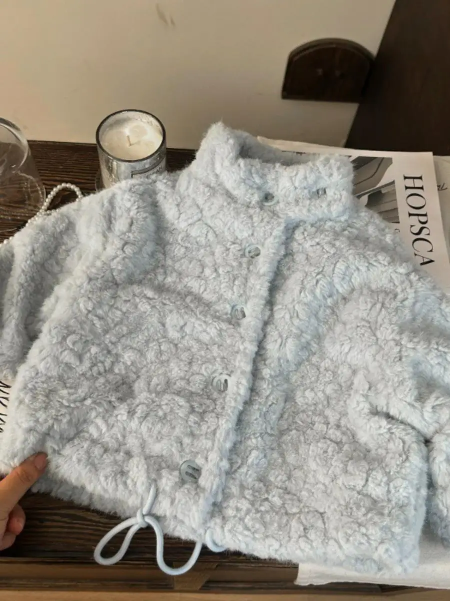 

Корейская детская одежда 2025: Новая зимняя куртка для девочек из овечьего меха, утепленное пальто, повседневная одежда для детей