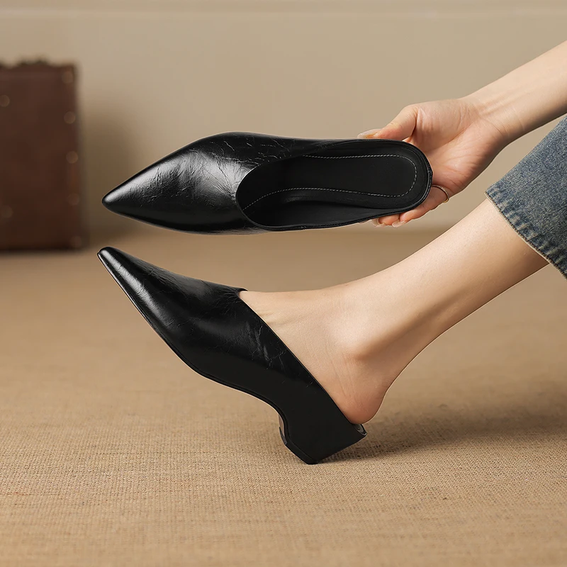 2026 new summer women sandals natural leather 22-25cm cowhide+sheepskin pointed toe mules high heel women slippers fashion