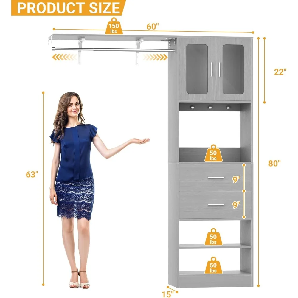 Closet Organizer System Tower with Big Wing Shelf, 60 Inch Reversible Walk in Wardrobe System with Hanging Rods, Drawers, Door