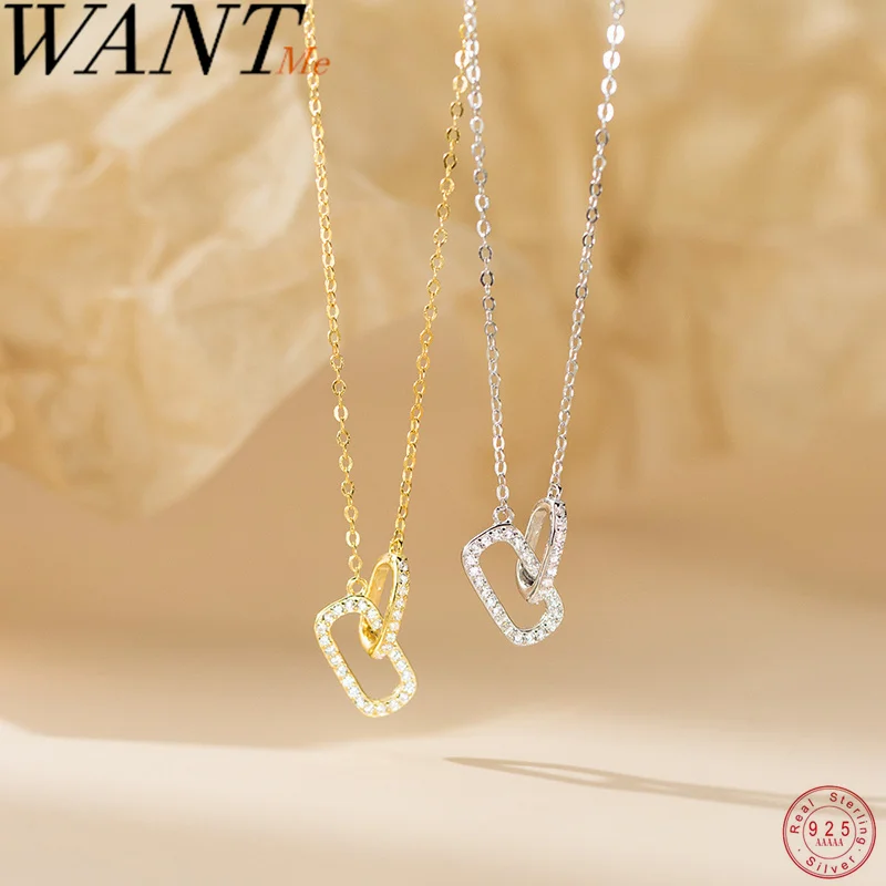WANTME 925 Sterling Silver Fashion Interlocking Romantic Charm Chain Necklace for Women Elegant Luxury Zircon Wedding Jewelry