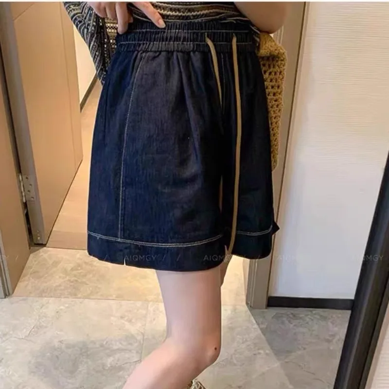 Wide Leg Denim Shorts Women Summer Korean Version Fashionable Casual Versatile Slimming Elastic Waistband Drawstring Hot Pants