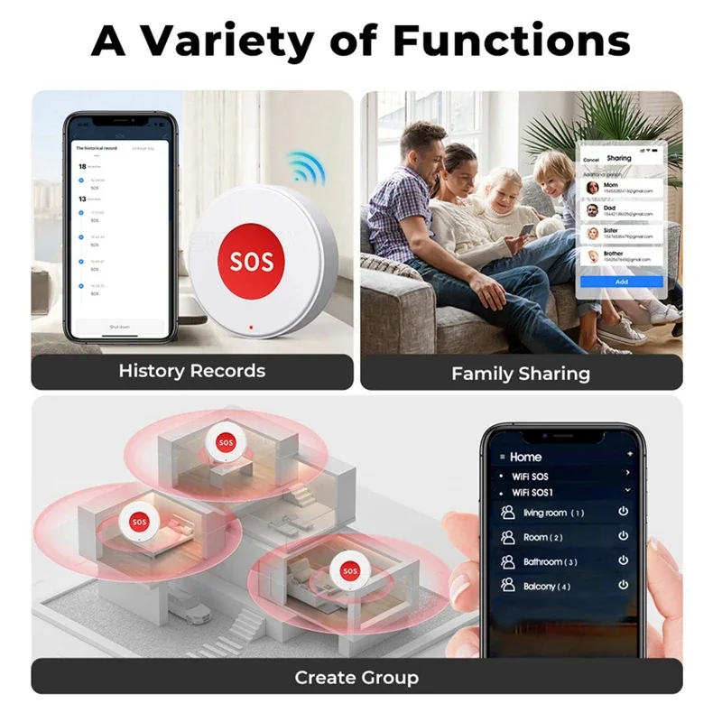 Tuya WiFi SOS Pulsante di chiamata antipanico APP Smart Life Batteria ricaricabile Allarme con una chiave per pazienti Bambini Anziani Corda sospesa