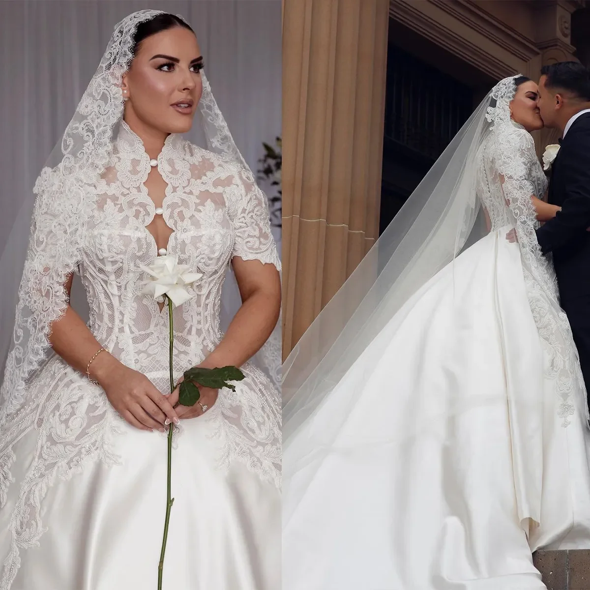 

Customized 2026 New Luxury Stand Up Collar Lace Women's Wedding Dress Short Sleeved High Waisted Big Swing Trailing Bridal Gown