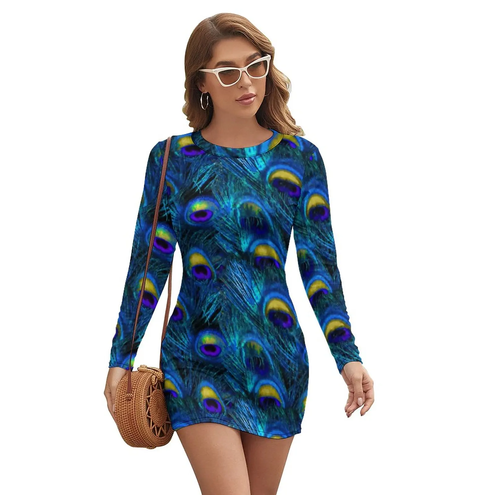 Peacock Feather Bodycon Dress Ladies Animal Print Club Dresses Holiday Long Sleeve Street Wear Pattern Dress Big Size 2XL