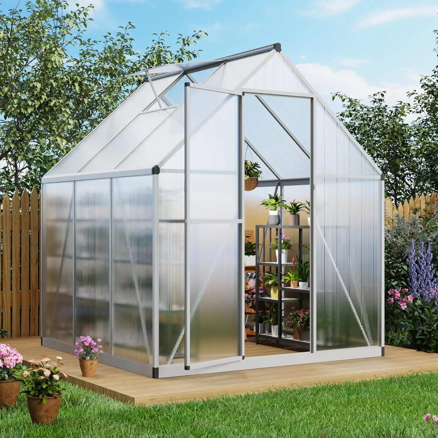 6’ X 6’ Easy Assembly Walk In Polycarbonate Greenhouse With Roof Vent Window & Rain Gutter & Lockable Door For Garden,