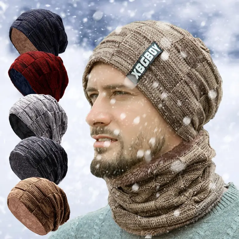 

1 Set Hat Scarf Men's Winter Warmth Thickened and Plushed Version Cycling Knitted Woolen Hat Suit Student Pullover Headband Cap