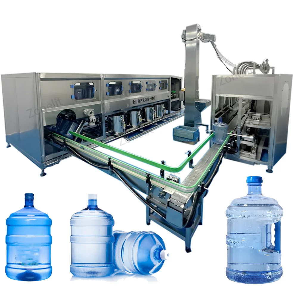 Máquina Automática 3 en 1 para Llenado y Lavado de Botellas de Plástico de 20 Litros (5 Galones) con Transportador