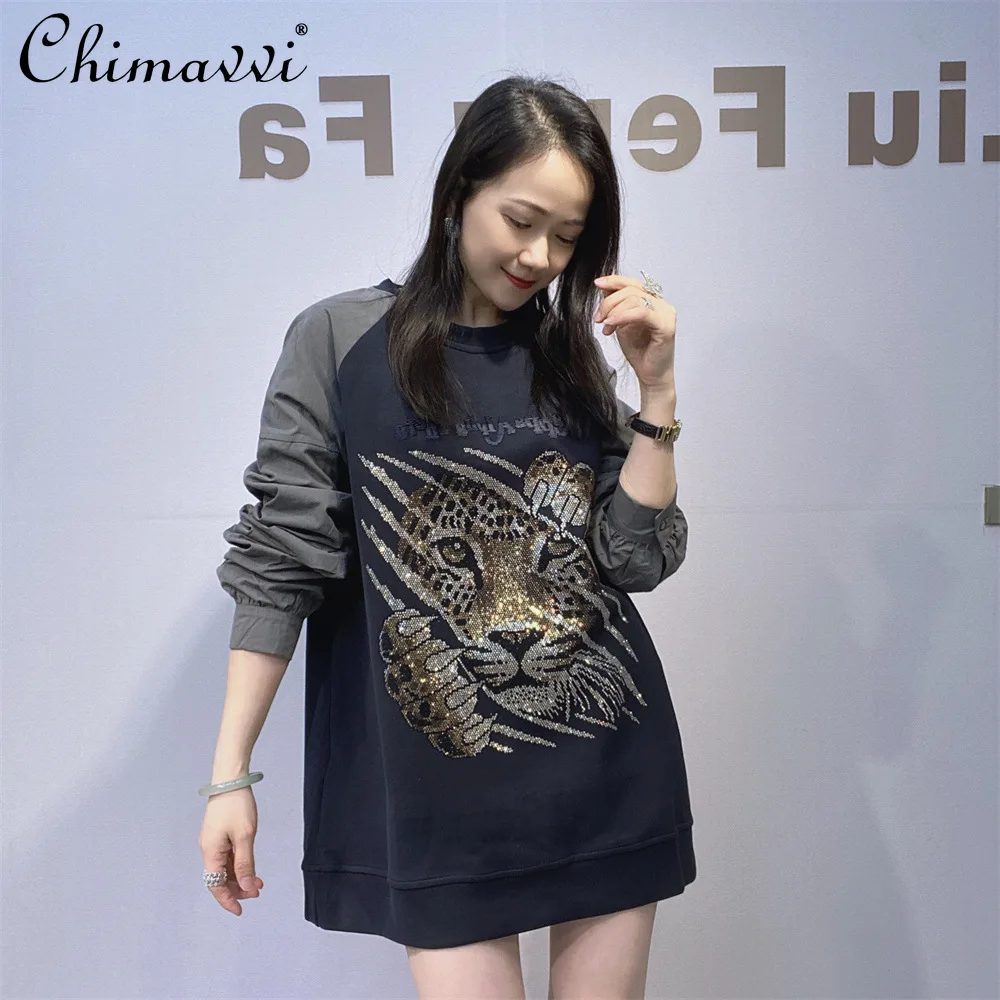 American Retro Round Neck Long-sleeved Sweatshirt Women's Autumn New Heavy Hot Diamond Loose Large Size Splicing Top Fashion