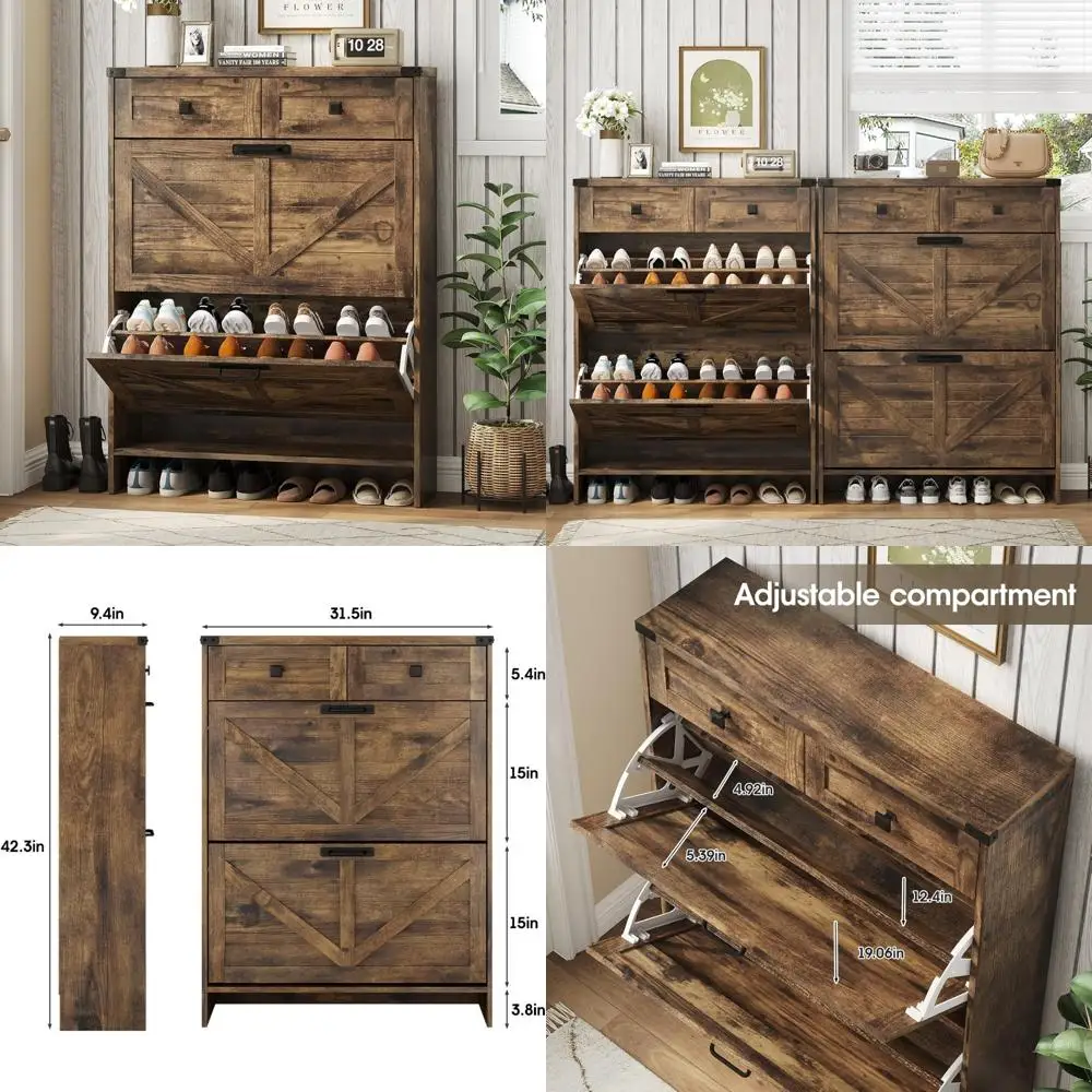Narrow Farmhouse Style Shoe Cabinet with Flip Drawers and Storage for Entryway Organization