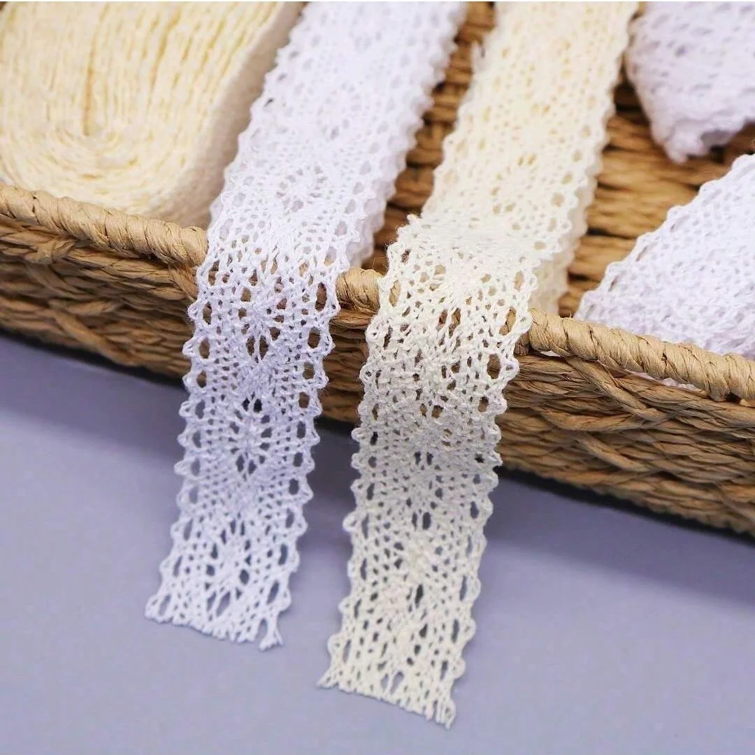 Encaje de Algodón Tejido a Crochet de 2.8cm de Ancho, 2M 5M, Cinta de Encaje Vintage Blanca y Beige para Coser Ropa, Vestidos, Manualidades y Decoración
