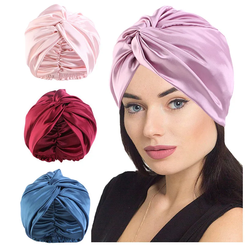 Adjustable Knotted Pure Color Satin Bonnet Double Layer Hair Wrap Women Hair Care Turban Satin Sleep Hat for Curly Straight Hair