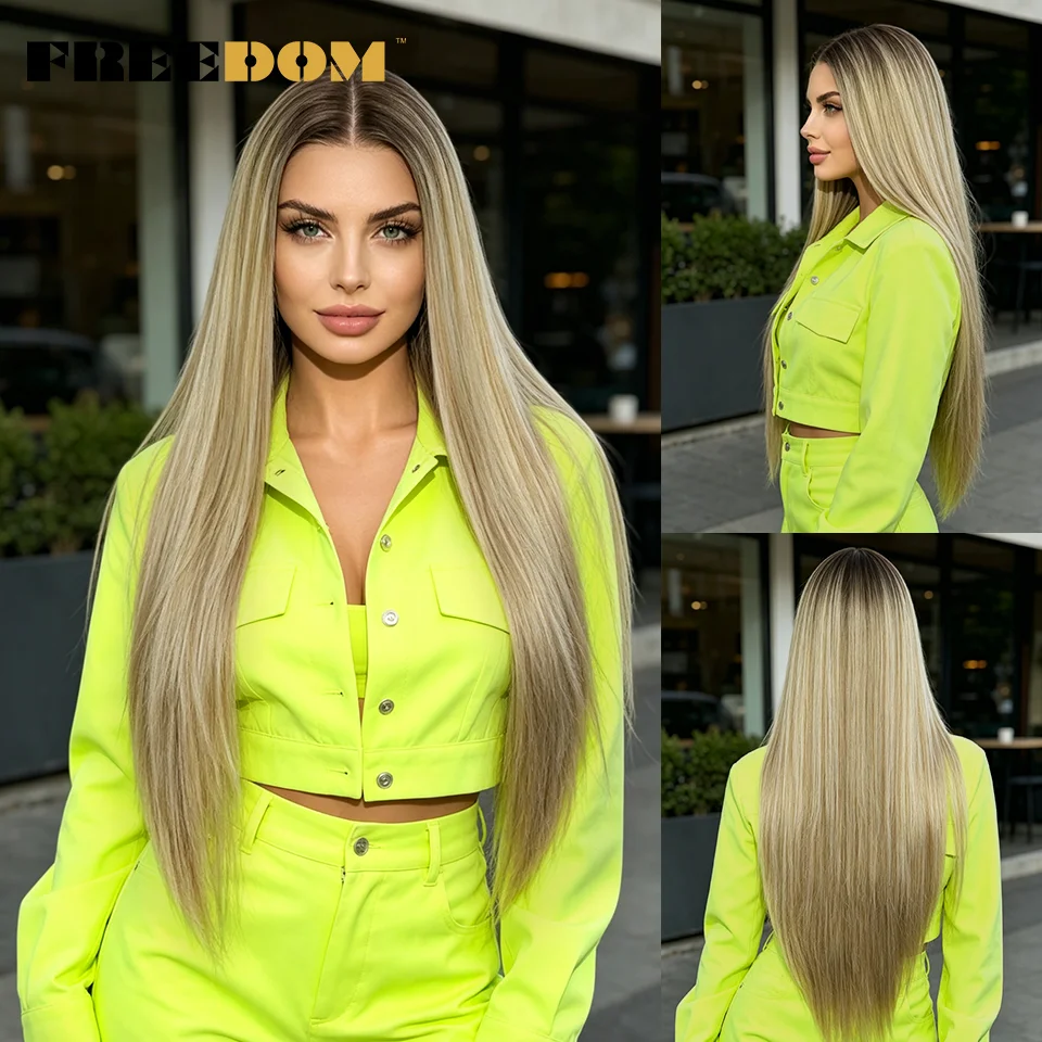 FREEDOM Straight Synthetic Lace Front Wigs For Women 13X4 Pre Plucked Natural Hairline 30 Inch Ombre Brown Blonde Wig Daily Use