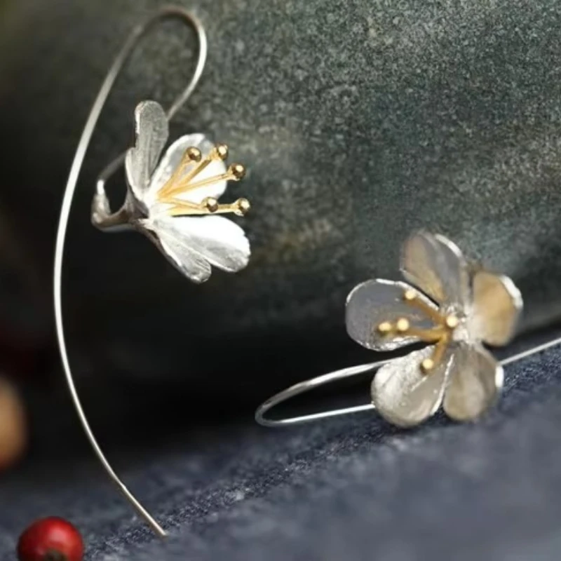 925 Sterling Silver Flower Long Tassel Earrings For Women Thai Process Elegant Lady Sterling silver jewelry