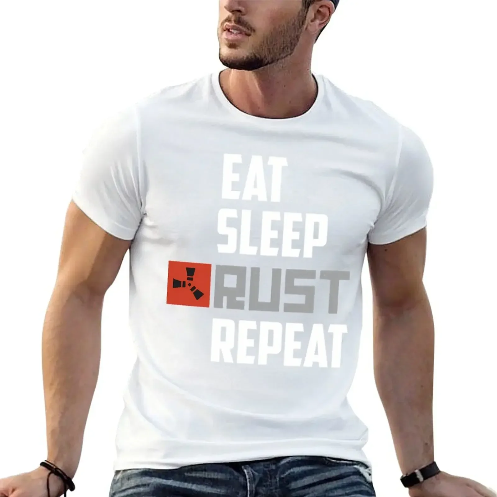 2025 New model Eat Sleep Rust Repeat White Text T-Shirt sports fans blacks t shirts for men cotton