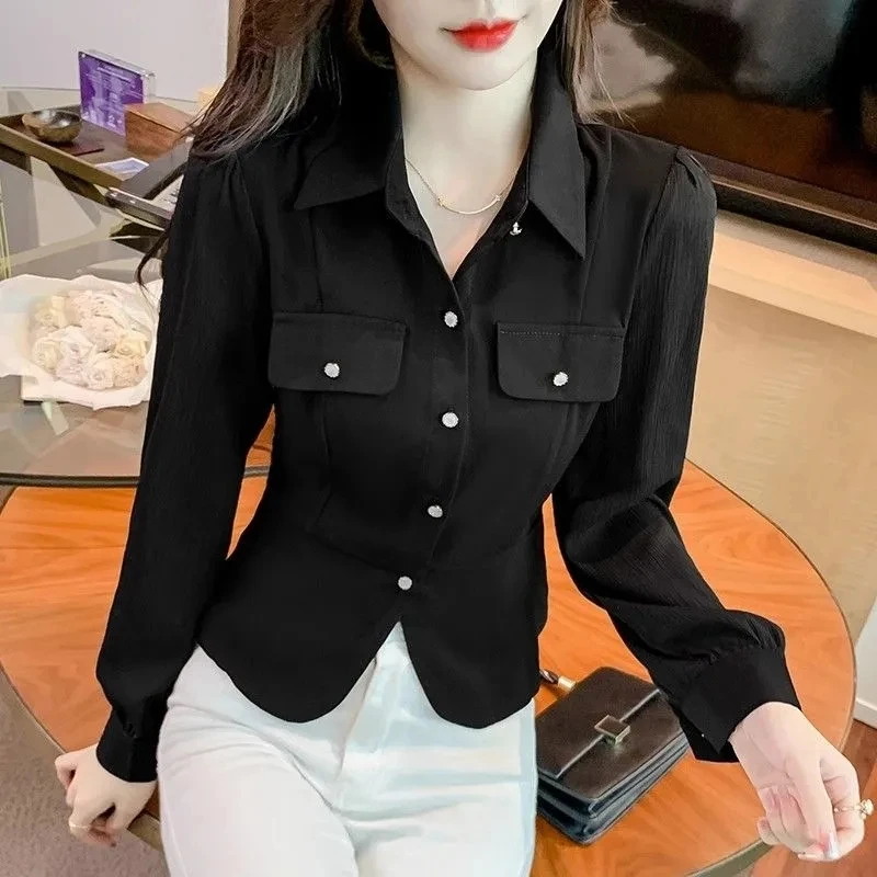 Autumn 2023 New Women Short Long-sleeved Chiffon Blouse Shirt Western-style Blouse Female  Slim Pure Colour Bottoming Shirt