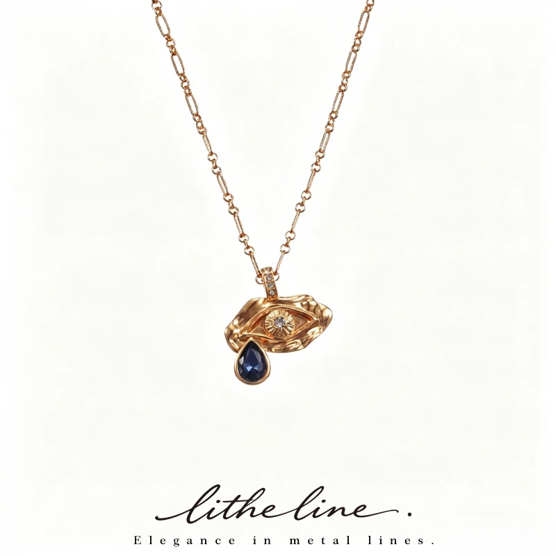 

Litheline 24K Gold Plated Brass Evil Eye Charm Necklace, Blue CZ Teardrop Hypoallergenic Protective Gift Jewelry