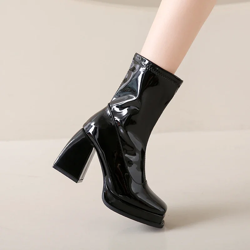 Red Square Toe Ankle Boots Patent Leather Chunky High Heels Solid Elastic Boots Newest Fashion Sexy Cool All Match Women Shoes