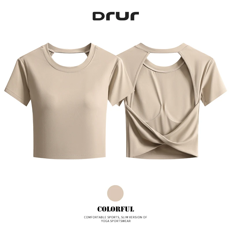DRUR Women Sexy Twisted Back Yoga Top Short Sleeve Crop Shirt Built-in Bra Pads Open Back Workout Tee Slim Fit Gym Clothes Golf