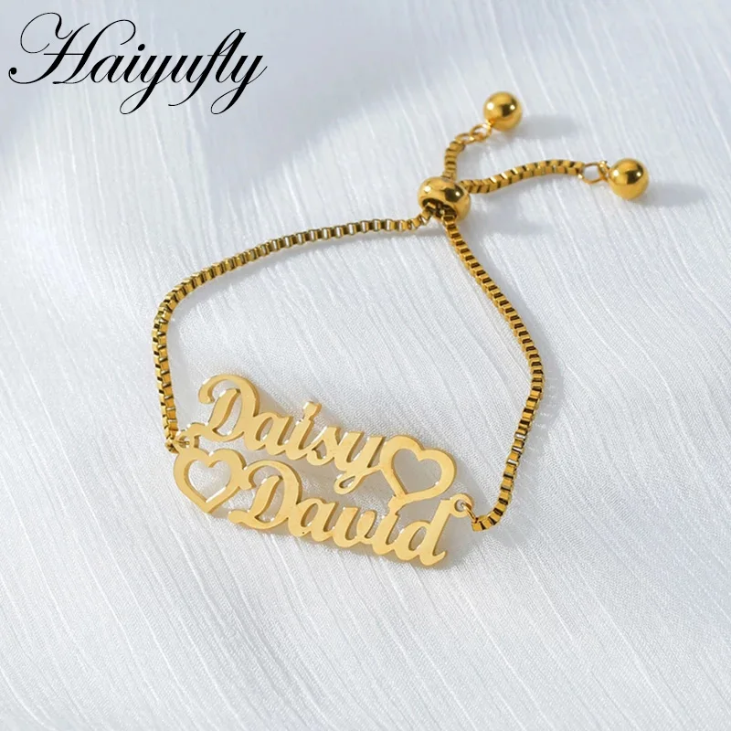 Haiyufly Custom Name Bracelet for Women Stainless Steel Jewelry Stretch Box Chain Heart Nameplate Birthday Personalized Gift