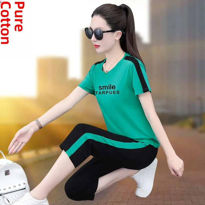 

Summer Cotton Fitn Sportswear Set for Women Casual ort Sve Running Pants Long Pants Two Piece Set plus Size round Ne