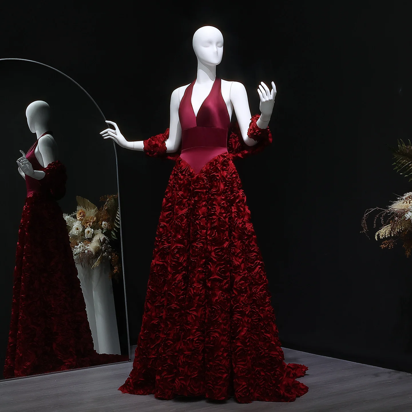 シャロンはワインレッド V ネックイブニングドレス 3D 花 A ラインホルター女性のウェディングパーティーフォーマルガウン SF197 カスタマイズ