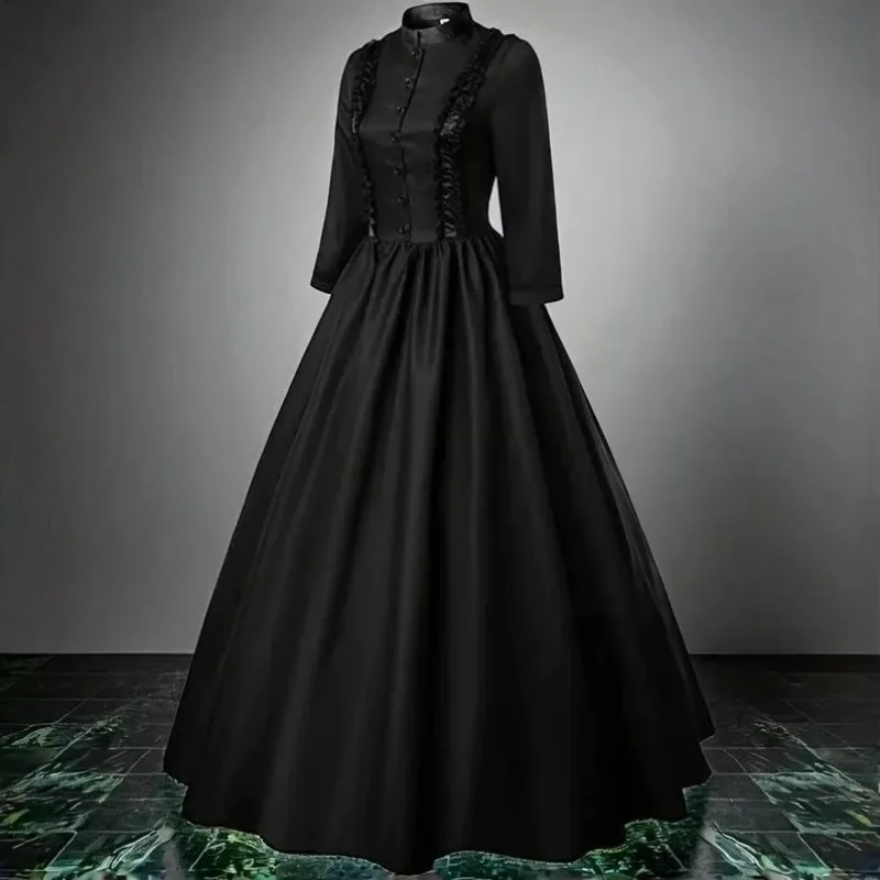 Medieval Victorian Princess Dress in Black Gothic Halloween Court Royal Gown