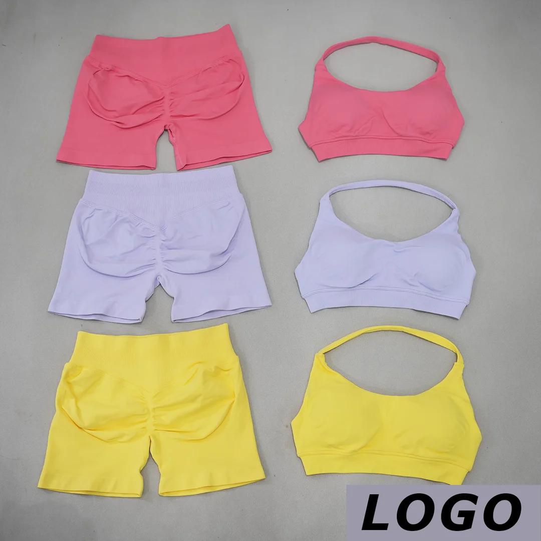 LOGO DF Women 2‑Piece Seamless Workout Set Lace‑Up Push Up Sports Bra High Waist Short Leggings Breathable Yoga Gym Running