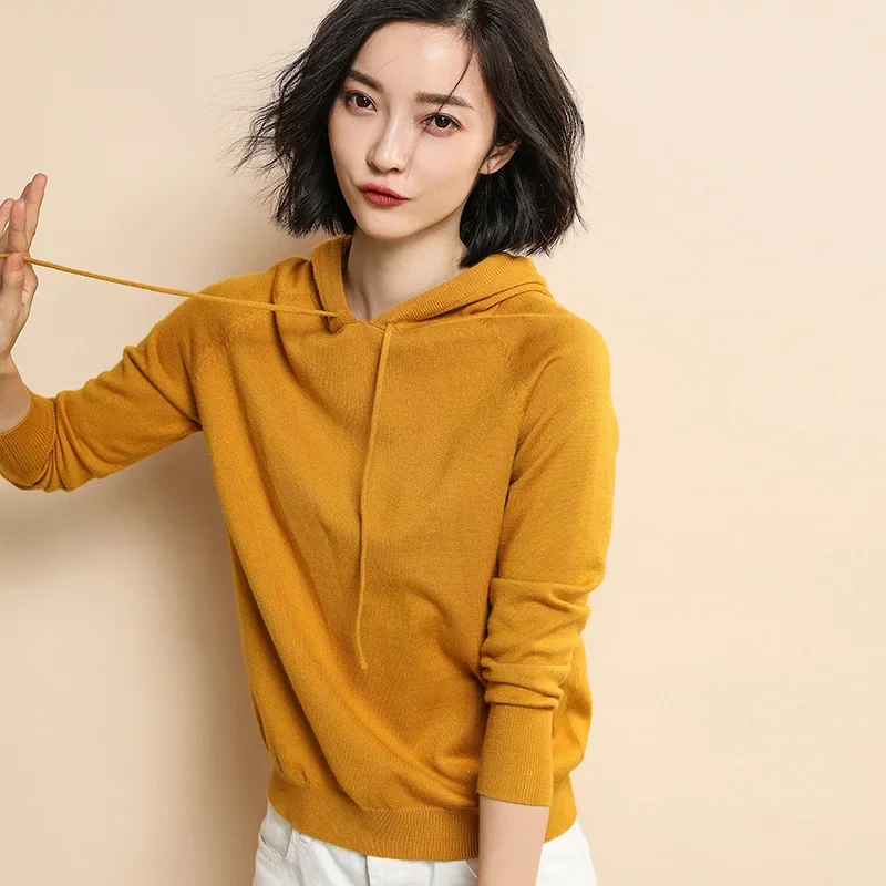 New Arrival Spring Thin Yellow Sweater Women Hooded Sweaters Loose Korean Girls Pullover Sweet Cute Ladies Tops Casual Knitwear