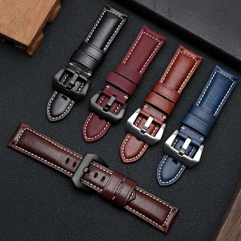 Vintage Thick Crazy Real Cow Leather Strap For Panerai Luminor/Breitling Hamilton Men‘s Watch Band 20mm 22mm 24mm 26mm Bracelet