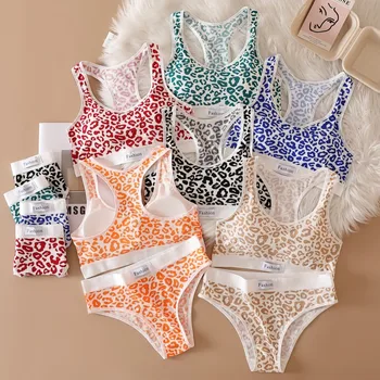 女性のシームレスなヒョウ柄のブラセット,女性の下着,ローウエスト,セクシーなランジェリー,スポーツブラ