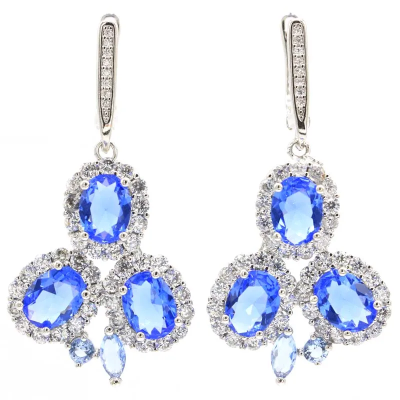 

45x22mm Romantic Rich Blue Violet Tanzanite London Blue Topaz White CZ Woman's Engagement Silver Earrings