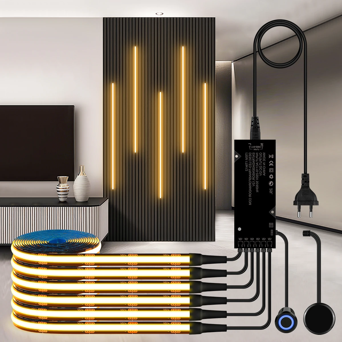 

Настенная черная COB-лента с сенсорным диммером, 12В, 4/6/10 шт., световая лента для акустических деревянных панелей, подсветки ТВ-тумб и шкафов