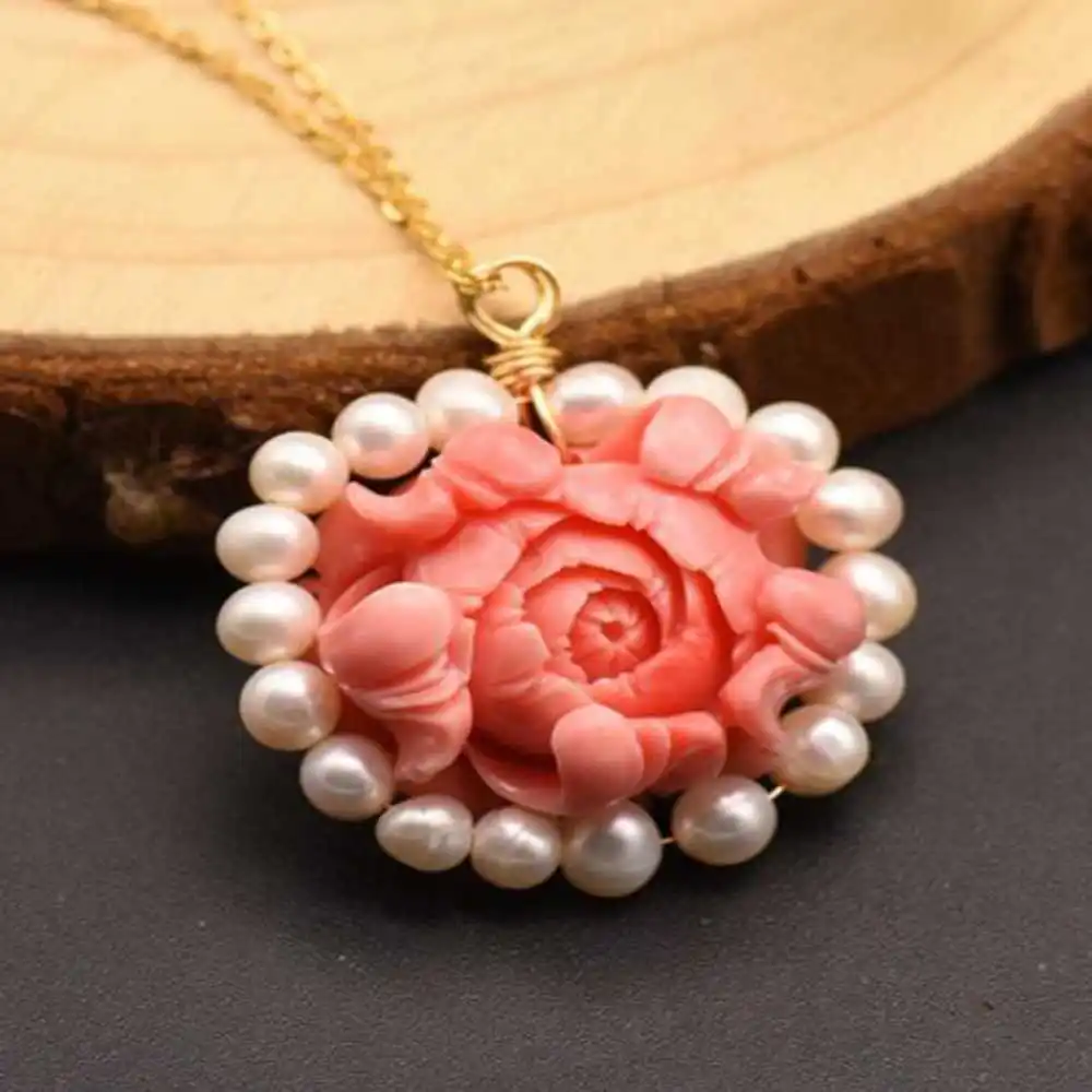 2022 New Natural Freshwater pearl pink coral flower pendant Crystal Reiki Chakra Jewelry Silver Beads Tibetan Energy Charm