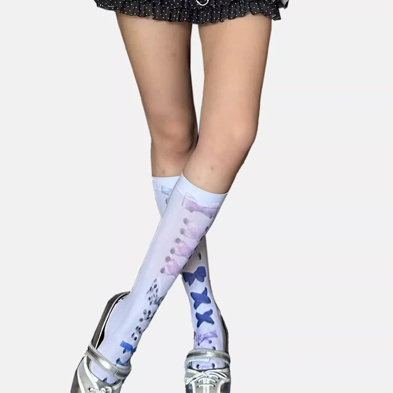 Japanese Style Cute Bow Tie Y2K Printed Women's Mid-Calf Socks Autumn New Sweet Versatile Age-Reducing Short Stockings Ladies