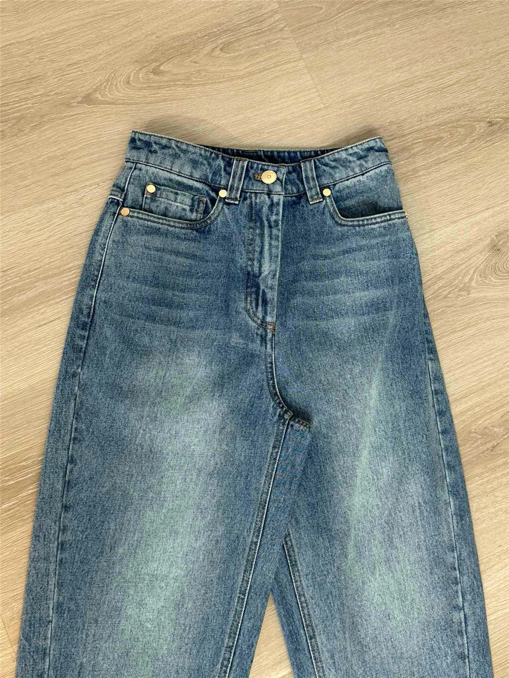 Dames Katoenen Jeans Hoge Taille Taps Toelopende Lange Jeans Kralen Decoratie Hoge Kwaliteit