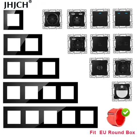 jhjch wall-mounted module diy European standard black glass panel socket switch button free combination function