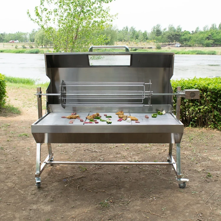 Premium steel and metal attachments with folding spinning trolley and outdoor charcoal grill cover