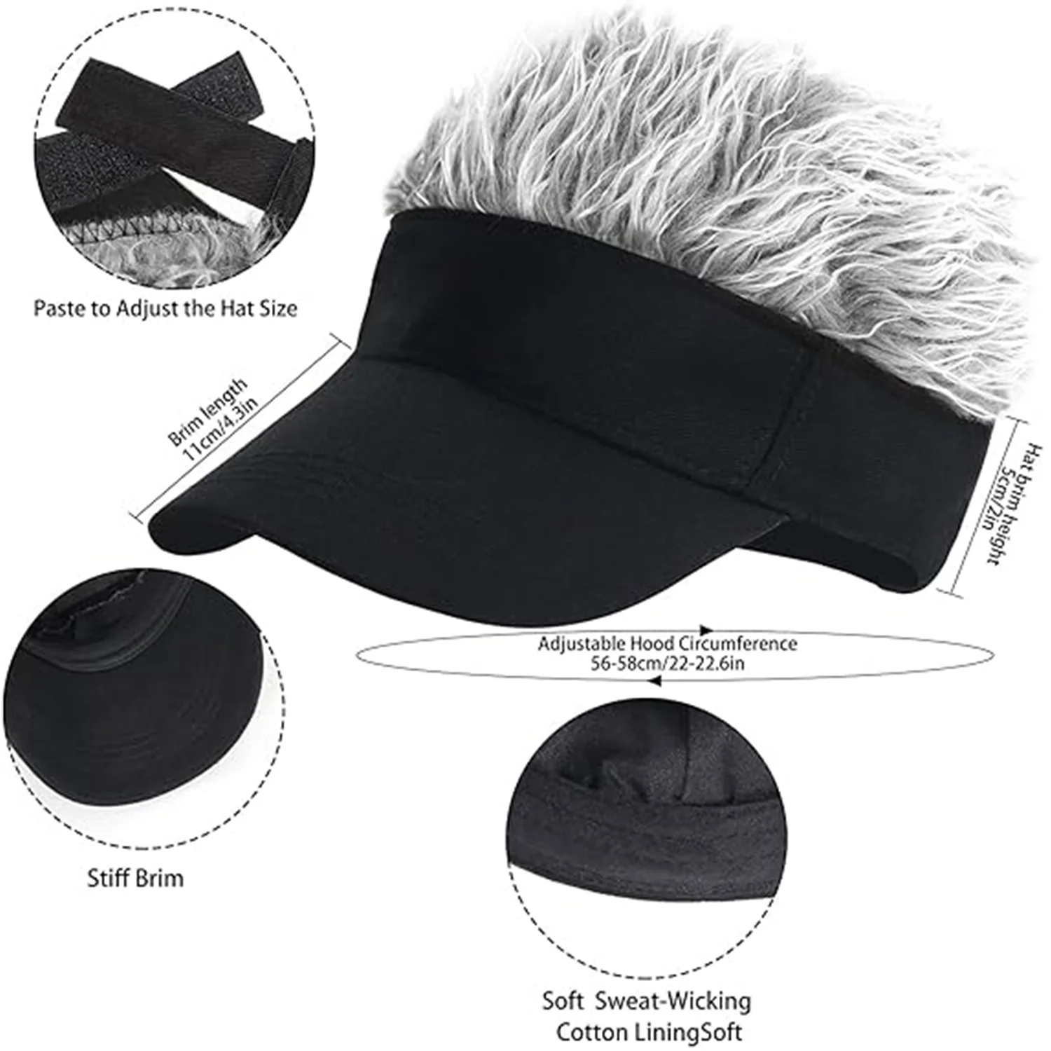 Men's Visor with Hair Fake Hairs Visor Hat with Hair for Men Funny Spiked Sun Hats Novelty Baseball Wig Caps Gift Synthetic Wig view 2