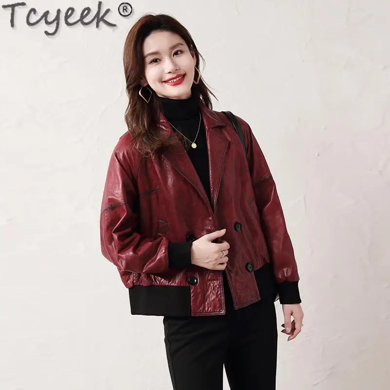 Tcyeek-Veste en cuir véritable pour femme, huile d'avertissement, peau de vache Combb 2024, vestes en cuir pour femme, vêtements d'automne