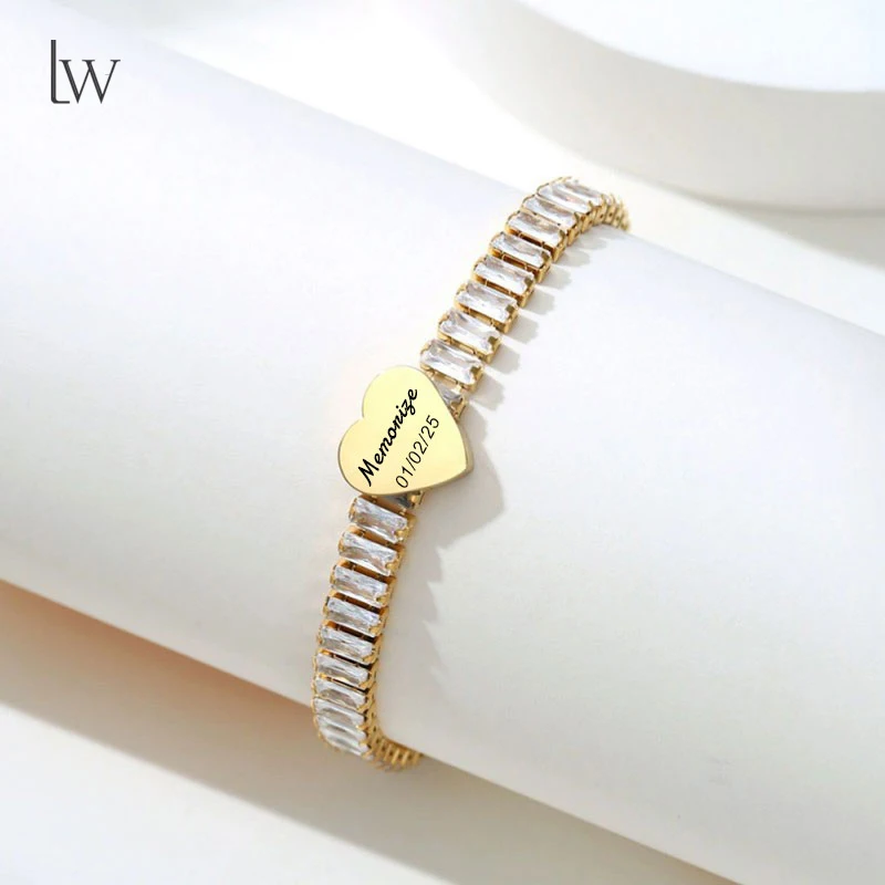 

Custom Text Heart Pendant Stainless Steel Bracelet Zircon Watch Band Personalized Engraved Jewelry Gift for Girl Mother's Day